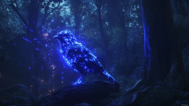 Blue bird aesthetic wallpaper with a fantasy glowing bluebird in a forest full of magical light.