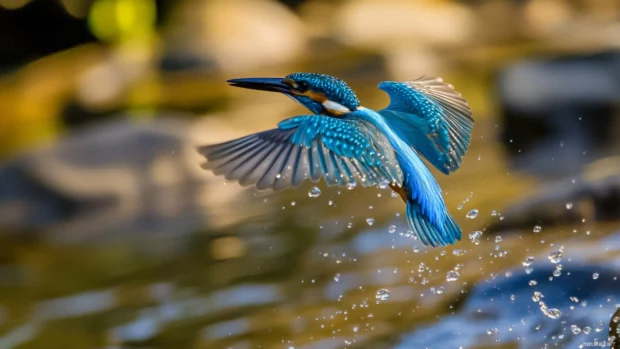 Blue bird background for desktop, showing a kingfisher mid dive in a crystal clear stream.