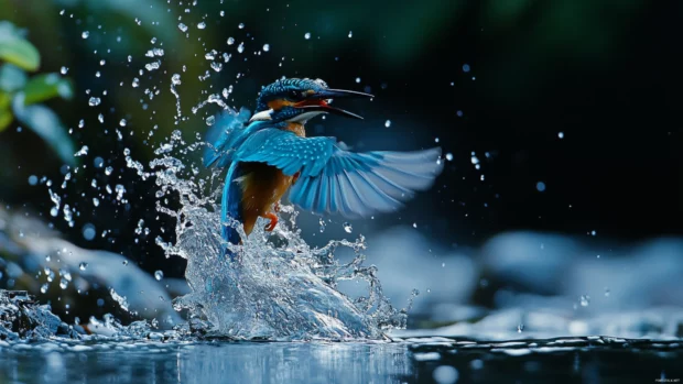 Blue bird background for desktop, showing a kingfisher mid dive in a crystal clear stream.