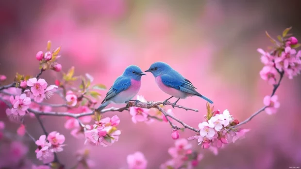 Blue bird desktop wallpaper showing two bluebirds on a blooming branch under morning sunlight.
