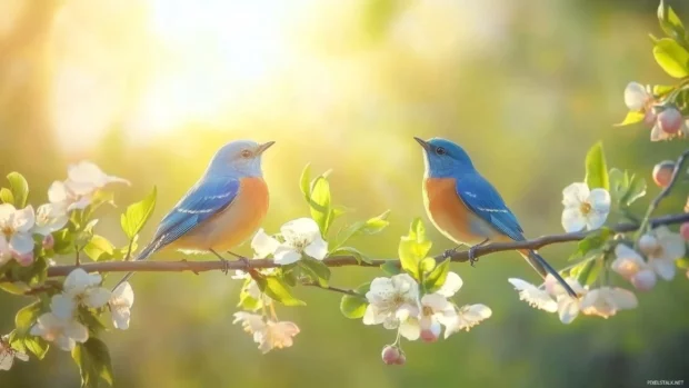 Blue bird desktop wallpaper showing two bluebirds on a blooming branch under morning sunlight.