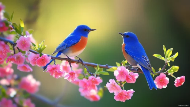 Blue bird desktop wallpaper showing two bluebirds on a blooming branch under morning sunlight.