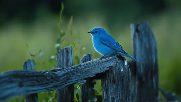 Blue bird desktop wallpaper with an Eastern bluebird sitting on a rustic wooden fence at dusk.