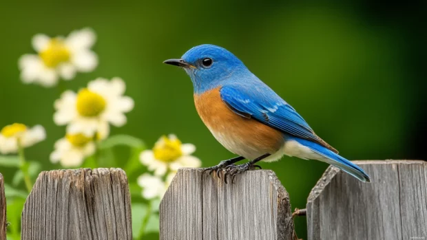 Blue bird desktop wallpaper with an Eastern bluebird sitting on a rustic wooden fence at dusk.