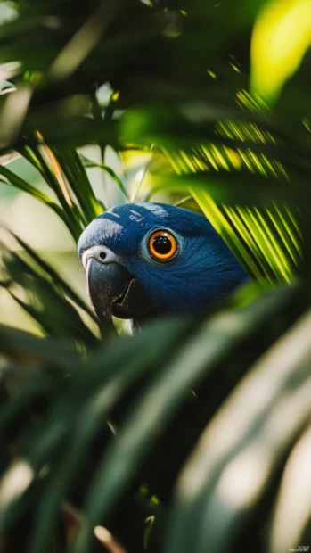 Blue bird iPhone wallpaper with a curious bird peeking through tropical leaves.