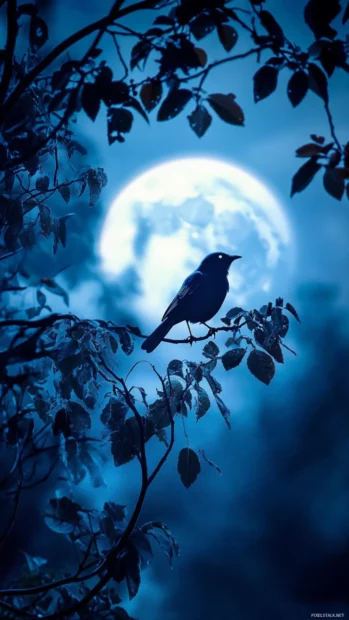 Blue bird lock screen showing a magical glowing bird perched under moonlight.