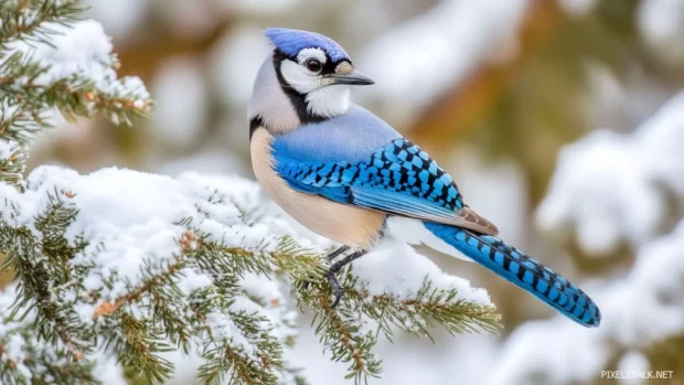 Blue bird wallpaper HD, featuring a vibrant blue jay perched on a snowy pine branch.