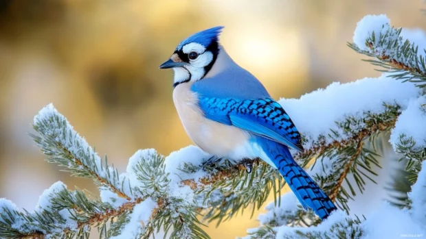 Blue bird wallpaper HD, featuring a vibrant blue jay perched on a snowy pine branch.