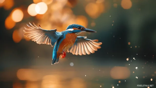 Blue bird wallpaper, capturing a bluebird gliding over a lake at sunset with soft reflections.