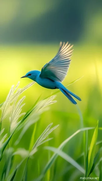 Blue bird wallpaper for phone, featuring a realistic bird mid jump between tall grass blades.