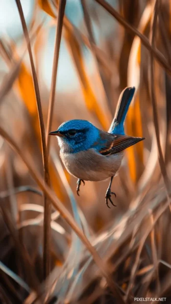 Blue bird wallpaper for phone, realistic bird mid jump, tall grass blades around.
