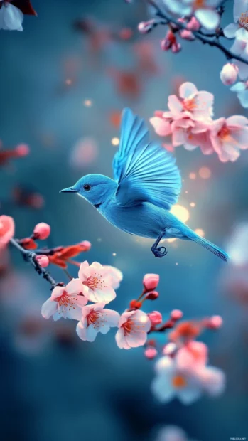 Blue bird wallpaper for , showing a glowing bluebird in flight surrounded by cherry blossoms.