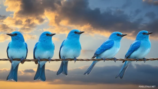 Blue bird wallpaper showcasing five bluebirds on a wire under dramatic evening clouds.