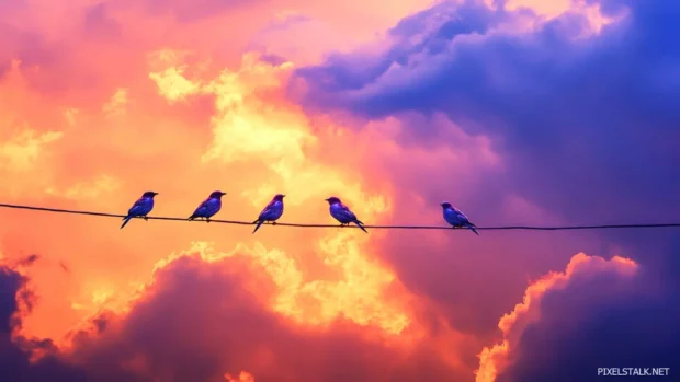 Blue bird wallpaper showcasing five bluebirds on a wire under dramatic evening clouds.