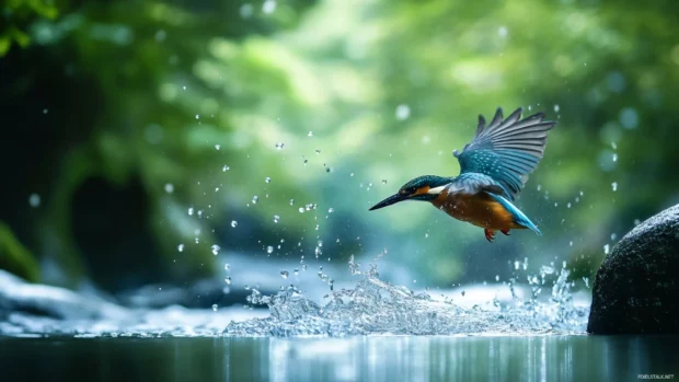 Blue bird wallpaper, showing a kingfisher mid dive in a crystal clear stream.