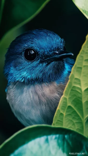 Blue bird  wallpaper with a curious bird peeking through tropical leaves.