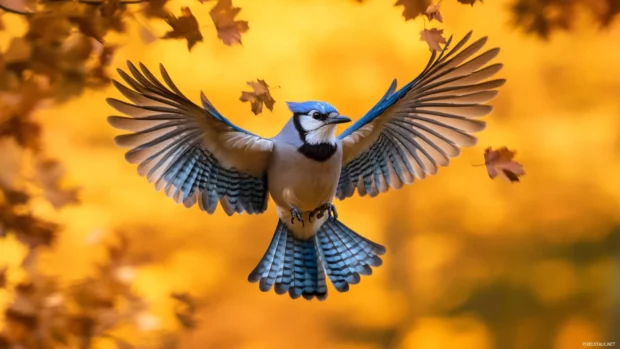 Blue jay, vibrant, flies with wings out, golden field under, fall leaves drop.
