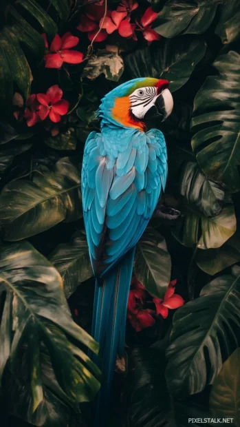 Blue parrot with striking feathers, perched against a tropical rainforest backdrop, vibrant colors and textures,.