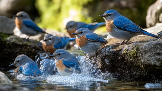 Bluebird group in stream, shallow, sun glows around.