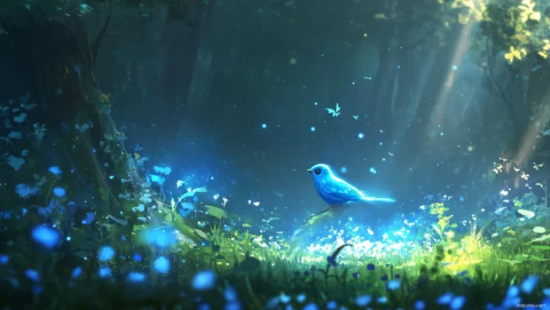Bluebird in a forest full of magical light.