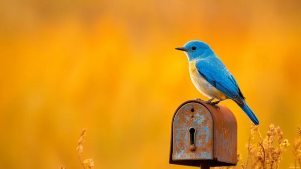 Bluebird on old mailbox, countryside scene, blue bird desktop wallpaper.