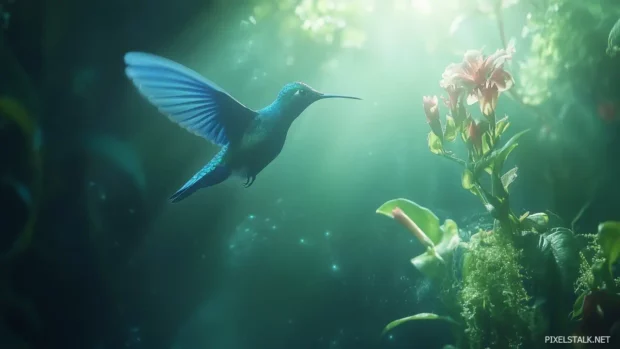 Bright blue hummingbird hovering near a flower in bloom, wings in motion, dreamy background.