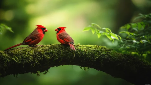 Cardinal background for desktop capturing two cardinals resting on a mossy tree branch.