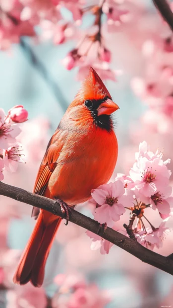 Cardinal bird background for phone with the bird framed between two soft pink cherry blossoms.