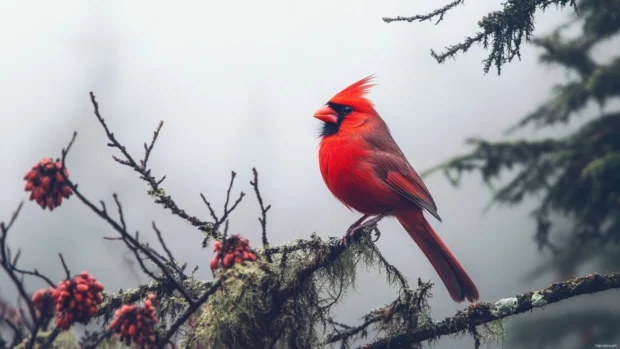 Cardinal bird desktop wallpaper with the male cardinal calling out under soft morning fog.