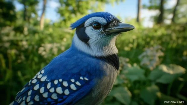 Close up of a blue jay with intricate feather details, against a blurred green forest background.