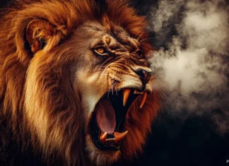 Close up of a roaring lion, amber eyes blazing with rage, steam in cold night air.