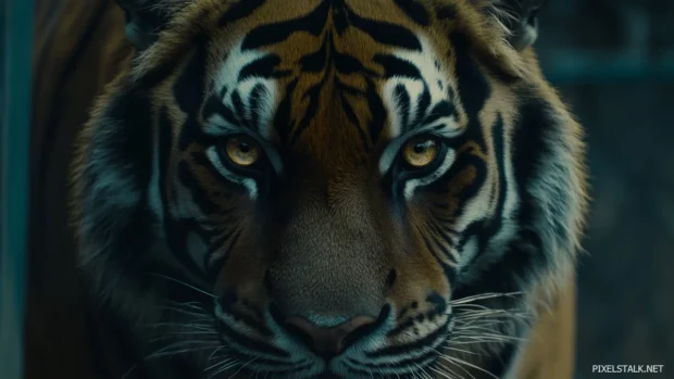 Close up of tiger’s face, piercing golden eyes, dark background, focus on eyes.
