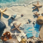 Collage wallpaper of beach travel with postcards, maps, souvenirs, luggage, and tickets .