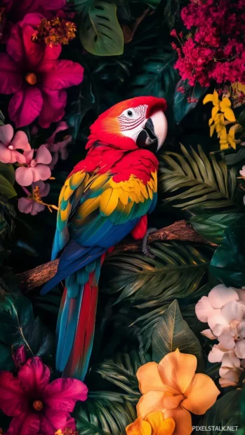 Colorful parrot sitting on a tropical branch surrounded by vibrant flowers and lush green leave.