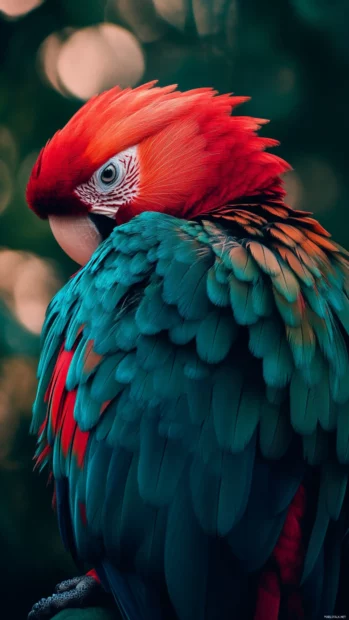 Colorful parrot wallpaper for phone, featuring a close up of a red and green parrot with glowing eye details.