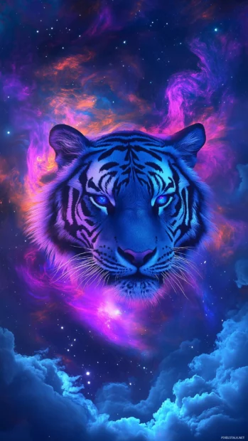 Cosmic tiger head with nebula clouds, swirling galaxies, and starry effects.