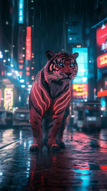 Cyberpunk tiger with neon stripes, rain soaked streets, and city reflections.