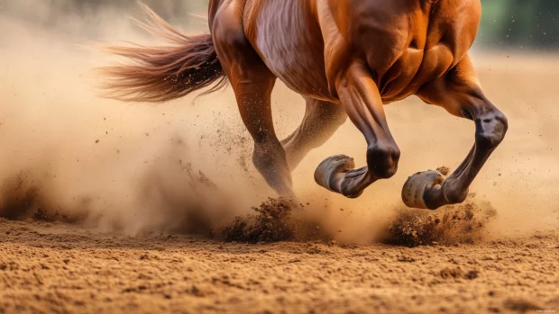 Detailed shot of horse muscular body running, hooves kick up dust, showing energy and strength.