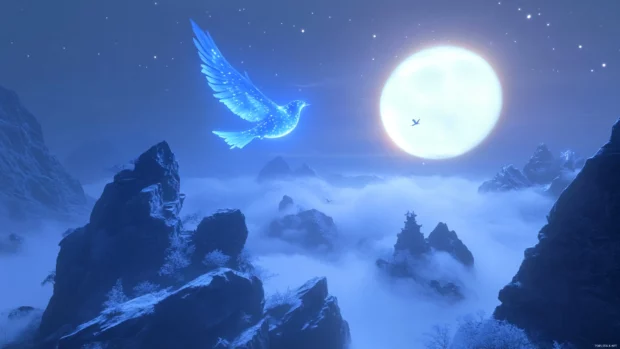 Digital fantasy scene, glowing bird flies through soft fog, perfect blue bird aesthetic wallpaper.
