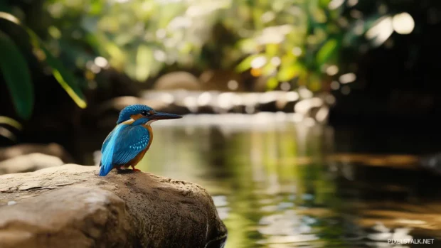 Elegant kingfisher with vivid blue feathers, sitting by a clear, tranquil stream.