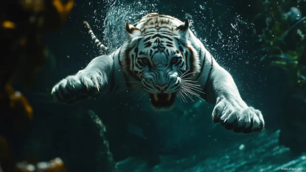 Ferocious white tiger leaps, claws out, charges dark jungle, fangs bared in rage.