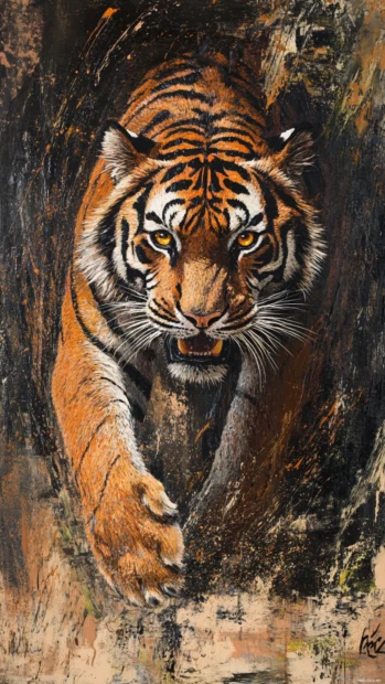 Fierce tiger out of shadows, glowing eyes amber, darkness pierced.