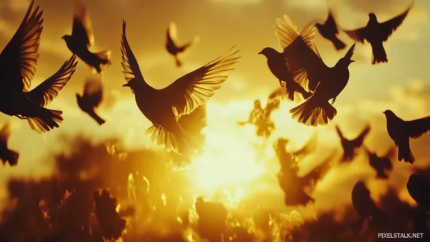 Flock of bluebirds flying together across a golden sunset sky, silhouettes casting soft shadows.
