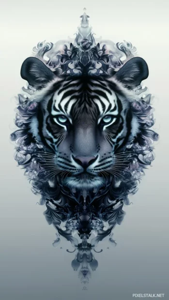 Front facing tiger portrait, sharp symmetry, gradient gray background, clean look.