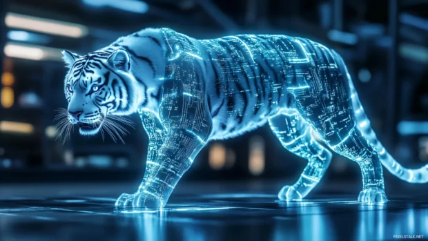 Futuristic white tiger, glowing fur, growls fierce in high tech lab, circuits shine.