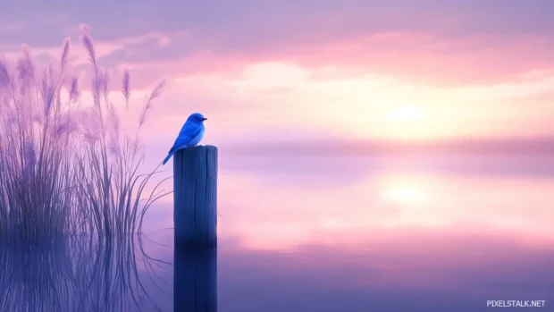 Gentle bluebird resting on a fence post, with a misty field in the background at dawn, soft and serene atmosphere.