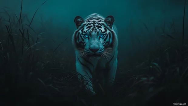Ghostly white tiger steps from fog, blue eyes fierce, eerie power clear.