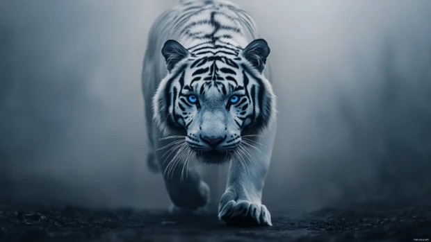 Ghostly white tiger steps from fog, piercing blue eyes fixed, eerie power shines.