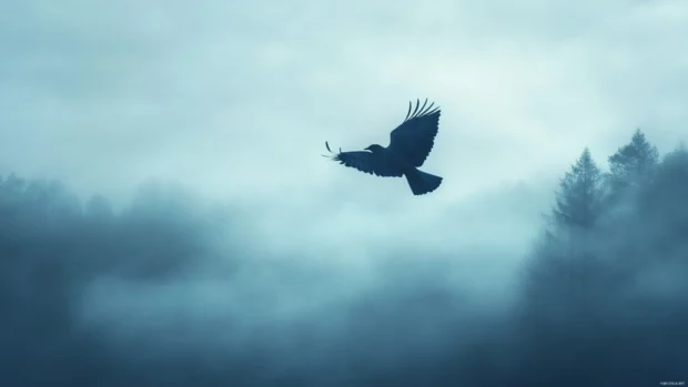 Glowing bird in fantasy flight, soft fog around, blue bird aesthetic wallpaper.