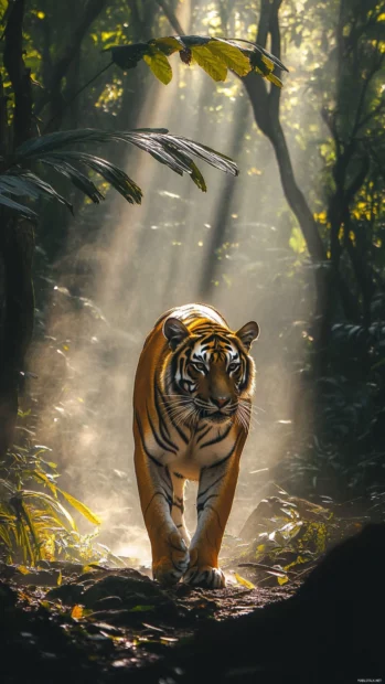 Golden tiger stands in dense jungle, sunlight shafts break through trees, showing its power.